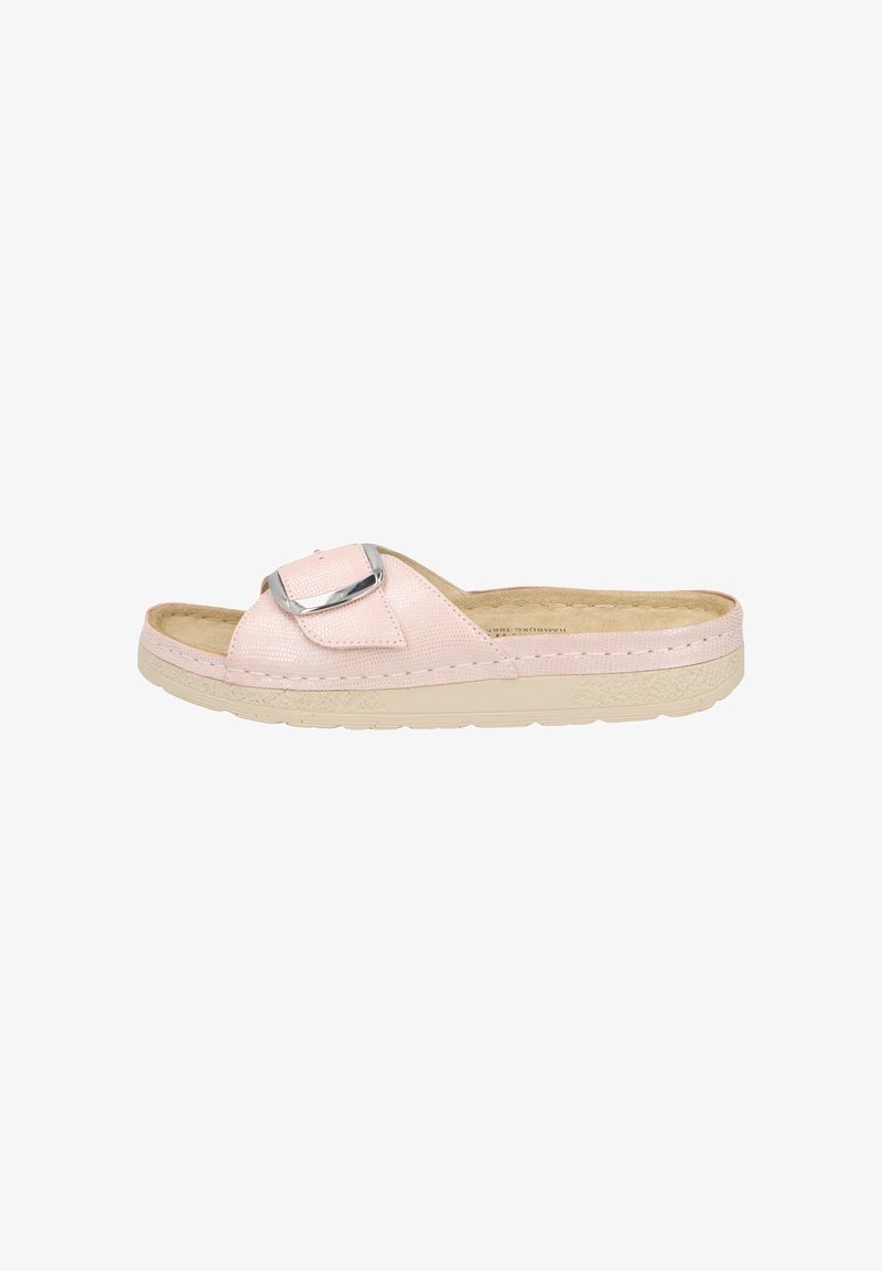 Pink synthetic slide sandal with a textured upper, metallic buckle detail, soft insole, and beige rubber outsole.