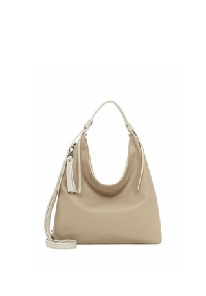 Sac hobo en cuir beige avec une poignée unique, une bandoulière amovible et des pampilles décoratives sur fond uni.