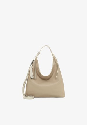 Sac hobo en cuir beige avec une poignée unique, une bandoulière amovible et des pampilles décoratives sur fond uni.