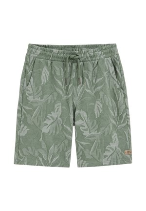 Shorts verts à cordon de serrage avec un motif léger de feuilles, poches latérales, ceinture élastique et une petite étiquette en tissu sur l'ourlet inférieur.