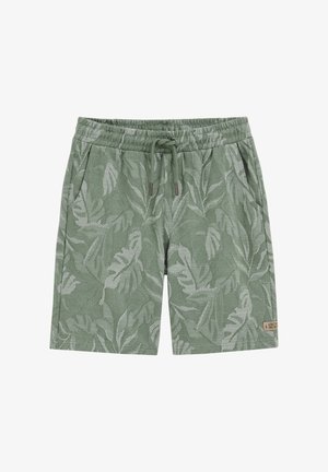 Grønne shorts med snor, let blomsterbladsmønster, sidelommer, elastisk talje og en lille stofetiket nederst på kanten.