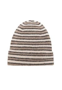 Neulottu pipo, jonka pohjaväri on kerma ja joka on koristeltu vaakasuorilla ruskeilla raidoilla. Kärkikuvioitu resorineulos, jossa taitettu reunus alaosassa.