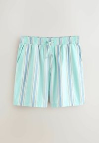 Shorts bleu clair avec des rayures verticales blanches et bleues, taille élastique avec cordon de serrage, et poches latérales, présentés sur un fond uni.