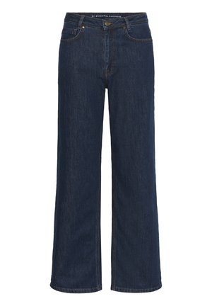 Dark blue wide-leg jeans with five pockets, button and zipper closure, and visible stitching.