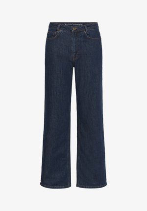 Jean large bleu foncé avec cinq poches, fermeture à bouton et à glissière, et couture visible.
