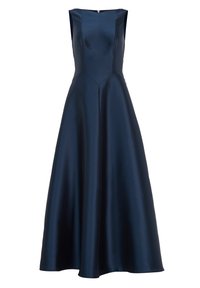Robe de soirée sans manches en satin bleu marine avec corsage ajusté et jupe longue évasée, avec un col carré et une fermeture éclair dans le dos.