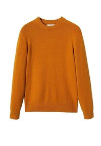Pull orange vif, col rond, manches longues, en tissu doux avec une finition légèrement texturée. Poignets et ourlet côtelés.