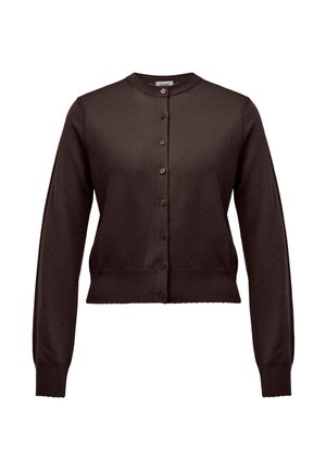 Cardigan marron foncé à manches longues avec encolure ronde et fermeture boutonnée devant, poignets et ourlet côtelés, tissu tricot uni.