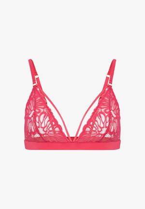 Rosa Spitzen-Bralette mit floralem Muster, Dreieckskörbchen, verstellbaren Trägern und einem stabilen Bund am unteren Ende.