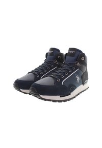 Navy und graue High-Top-Sneaker aus Leder und Wildleder, mit silbernen Ösen, einem Logo und einer Gummisohle mit strukturiertem Profil.