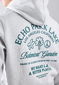 Grå hoodie med grön grafisk text och ikoner, inklusive blommor och ett träd. Texten inkluderar "ECHO PARK LAKE" och "Botanisk Trädgård."