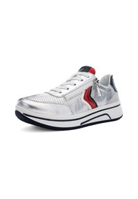 Metallic silver sneaker with red and navy accents, featuring a textured design and a side zipper, secured by white laces and a thick white sole.