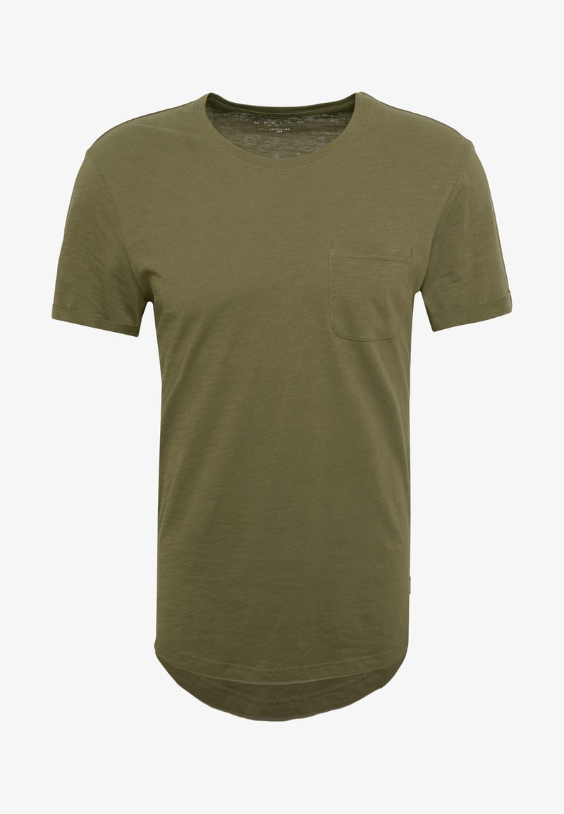 T-shirt uni vert olive à manches courtes, col rond et petite poche poitrine sur le côté gauche.