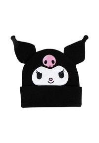 Berretto di maglia nero con due orecchie a punta, un volto cartoon bianco con occhi arrabbiati e un simbolo di teschio rosa sulla fronte.