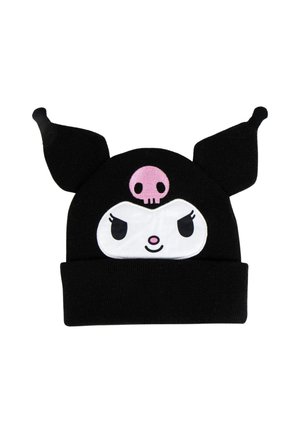 Black knit beanie with two pointed ears, a white cartoon face with angry eyes, and a pink skull symbol on the forehead.