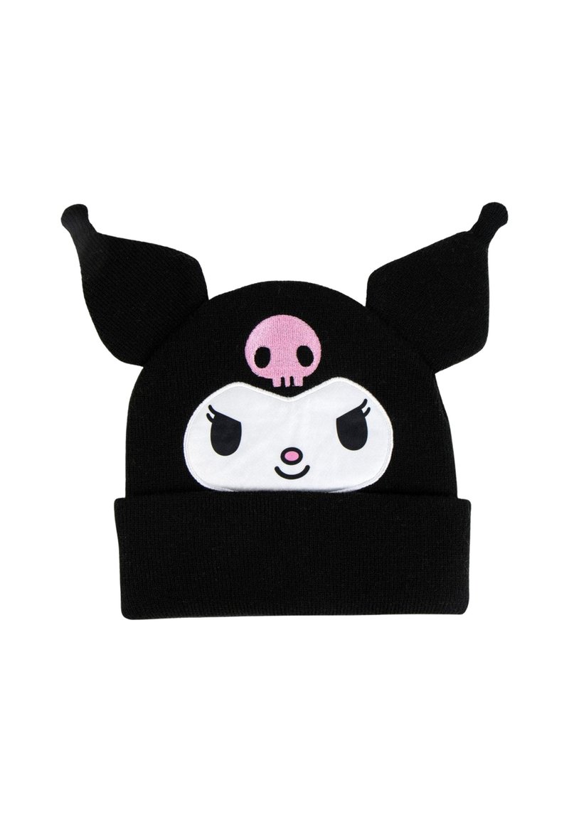 Berretto di maglia nero con due orecchie a punta, un volto cartoon bianco con occhi arrabbiati e un simbolo di teschio rosa sulla fronte.