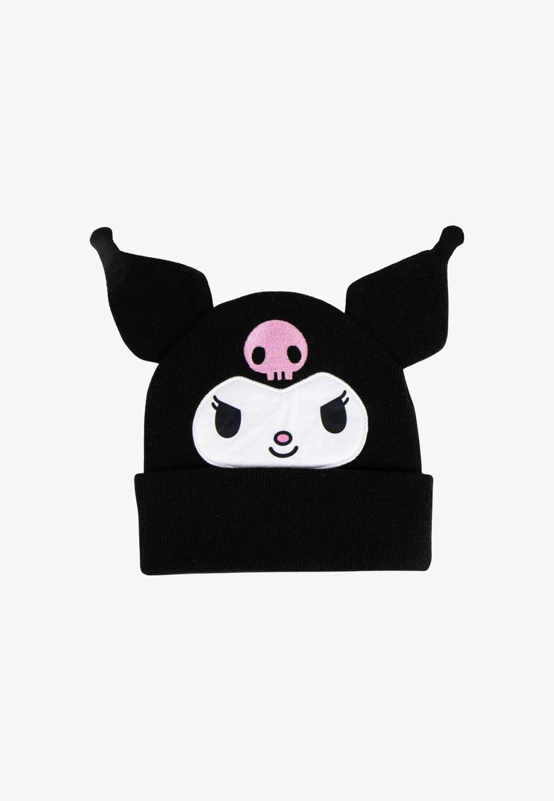 Berretto di maglia nero con due orecchie a punta, un volto cartoon bianco con occhi arrabbiati e un simbolo di teschio rosa sulla fronte.