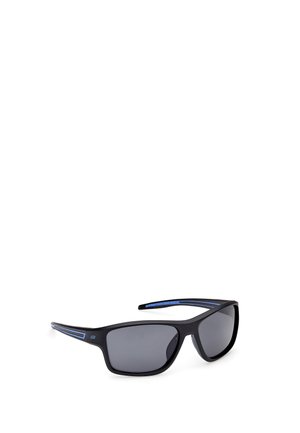 Schwarze Überziehsonnenbrille mit dunklen Gläsern und blauen Akzenten an den Bügeln, vor weißem Hintergrund gezeigt.