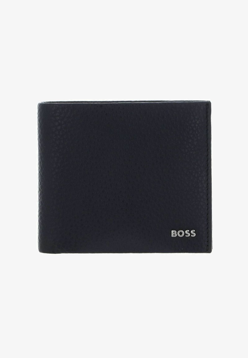 Portefeuille en cuir noir avec une texture grainée, design pliable en deux et un logo "BOSS" argenté dans le coin inférieur droit.