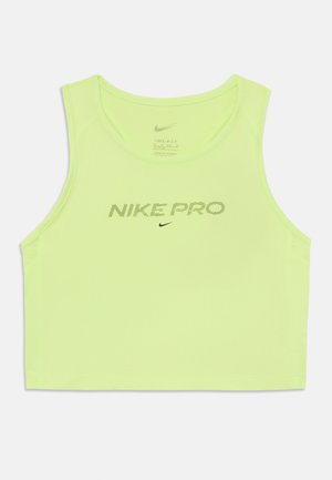 Neon gul Nike Pro crop top, laget av Dri-FIT materiale, med rund hals og "NIKE PRO" logo i svart med et teksturert design.