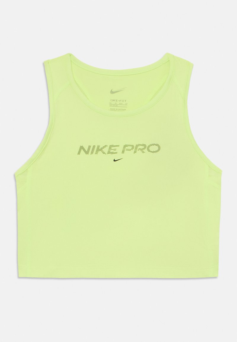 Neon keltainen Nike Pro crop top, joka on valmistettu Dri-FIT-materiaalista. Tässä on pyöreä kaula-aukko ja musta "NIKE PRO" -logo, jossa on tekstuuripinta.