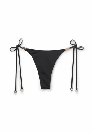 Czarny dół bikini o minimalistycznym designie, z bocznymi związaniami i złotymi akcentami metalowymi. Gładka tkanina o wysokim kroju nogawek.