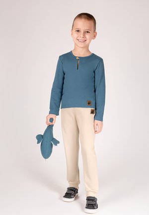 Niebieska koszula z długim rękawem z detalem na guziki, beżowe spodnie i czarne buty. Dziecko trzyma pluszową zabawkę delfina, brązowe naszywki z logo na ubraniach.