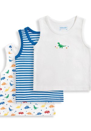 Drie tanktops: wit met groene dinosaurussen borduurwerk, blauw met witte strepen, en een witte met een patroon van kleurrijke dinosaurussen. Katoenen stof.