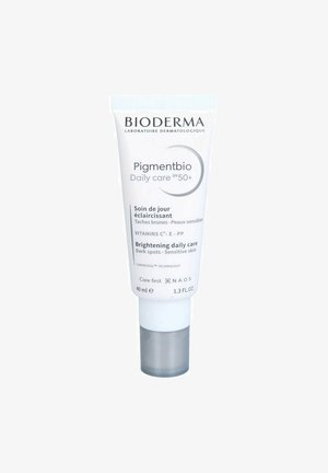 Bioderma Pigmentbio Soin Quotidien SPF 50+, tube de 40 ml, blanc avec des accents gris et bleus, comporte du texte sur l'éclaircissement et le traitement des taches sombres.