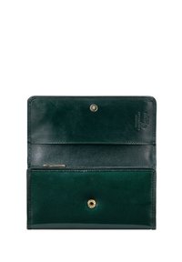 Dunkelgrünes Lederportemonnaie mit glatter Textur, Druckknopfverschluss und inneren Fächern für Karten und Bargeld. Mit goldenen Hardware-Akzenten.