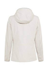 Lett beige jakke med hætte, der har en glat tekstur, lange ærmer og et minimalistisk design. Bagudsigt uden synligt hardware.