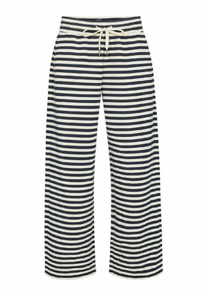 Navyblauwe en crèmekleurige gestreepte brede broek met een elastische tailleband en een verstelbaar trekkoord. Gemaakt van een zachte, lichte stof.