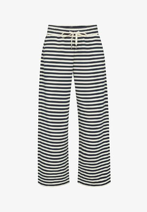 Marineblå og crème stribede bukser med bred benvidde, elastisk talje og justerbar snørelukning. Fremstillet af et blødt, let stof.