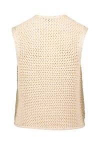 Beige strikket ærmeløs top med et løst, åben vævemønster, der har en rund halsudskæring og lige kant. Let og åndbar tekstur.