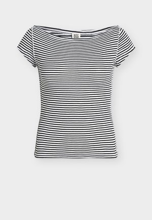 Μπλούζα με κοντά μανίκια σε στενή εφαρμογή, με οριζόντιες ριγέ άσπρο-μαύρο, φαρδύ λαιμόκοψη τύπου bateau και ετικέτα BDG στο γιακά.