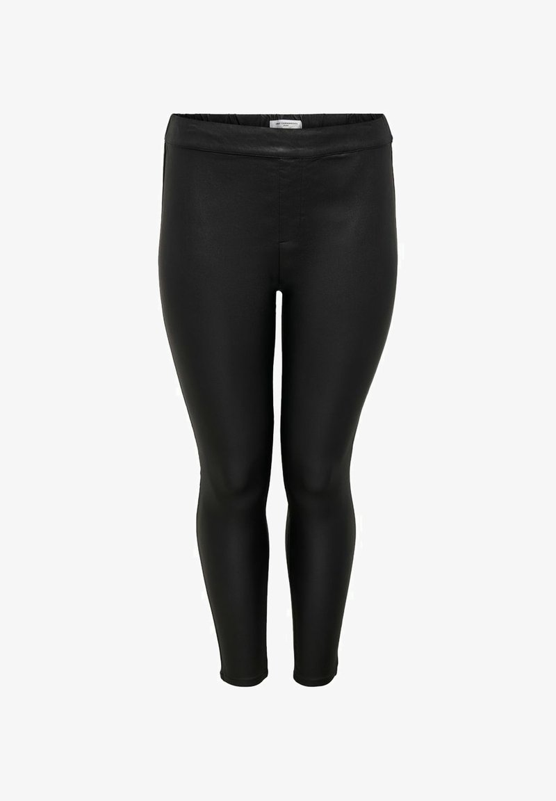 Leggings noirs taille haute en similicuir avec coupe slim et taille élastique, présentés sur fond blanc.