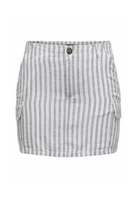 Gonna a righe in grigio chiaro e blu navy, con chiusura a bottoni e due tasche laterali. Realizzata in un tessuto testurizzato con una vestibilità sartoriale.