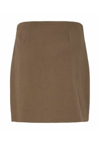 Hnědá mini sukně s hladkou texturou, strukturovaným designem a minimalistickými detaily. Obsahuje skrytý pás pro čistý vzhled.