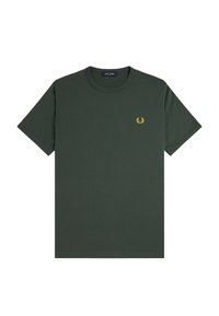 Camiseta de algodón verde de manga corta con cuello redondo y un pequeño logo amarillo en el pecho, con una textura suave y un corte clásico.