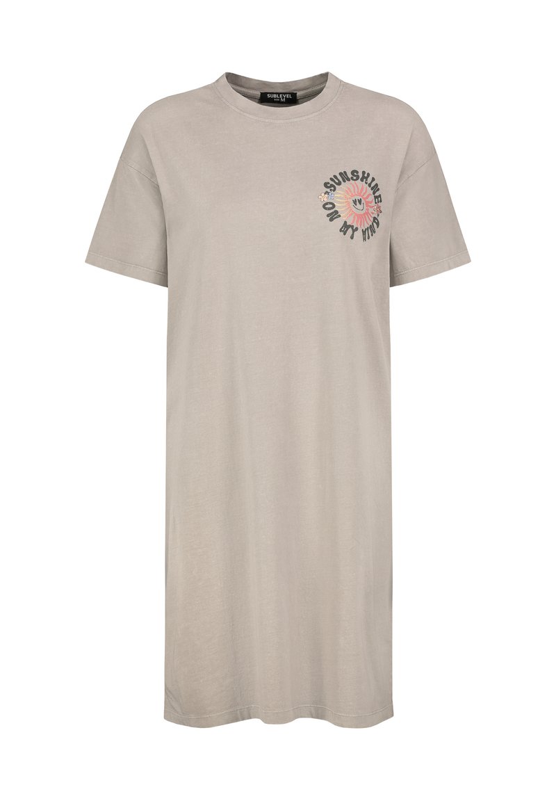 Graues Kurzarm-T-Shirt-Kleid aus Baumwolle mit Rundhalsausschnitt und einem Frontdruck, der eine lächelnde Sonne mit Text zeigt.