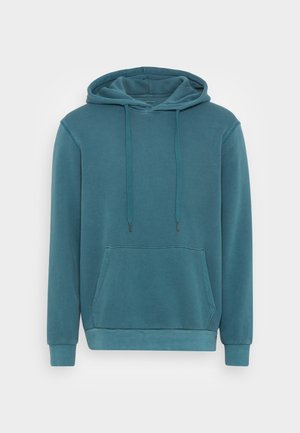 Teal hooded sweatshirt made of soft cotton blend. Features a kangaroo pocket, adjustable drawstrings, and ribbed cuffs and hem.