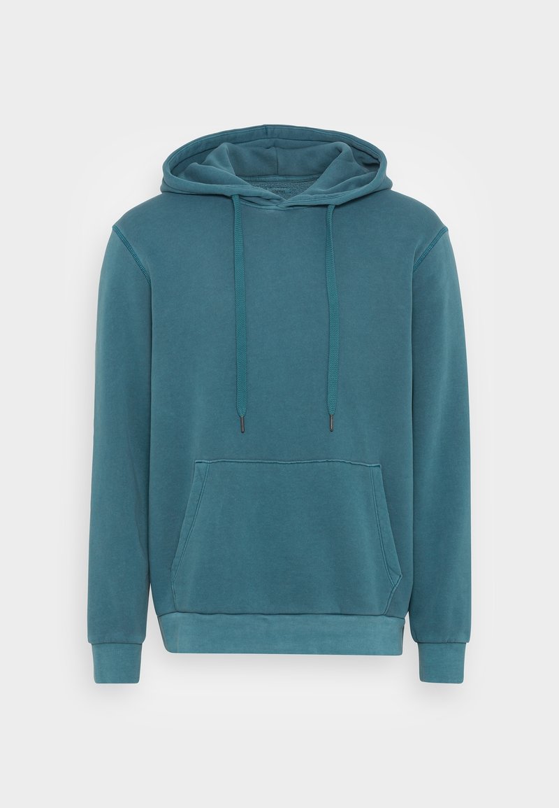 Sweat à capuche teal en mélange de coton doux. Comprend une poche kangourou, des cordons ajustables et des poignets et ourlet côtelés.