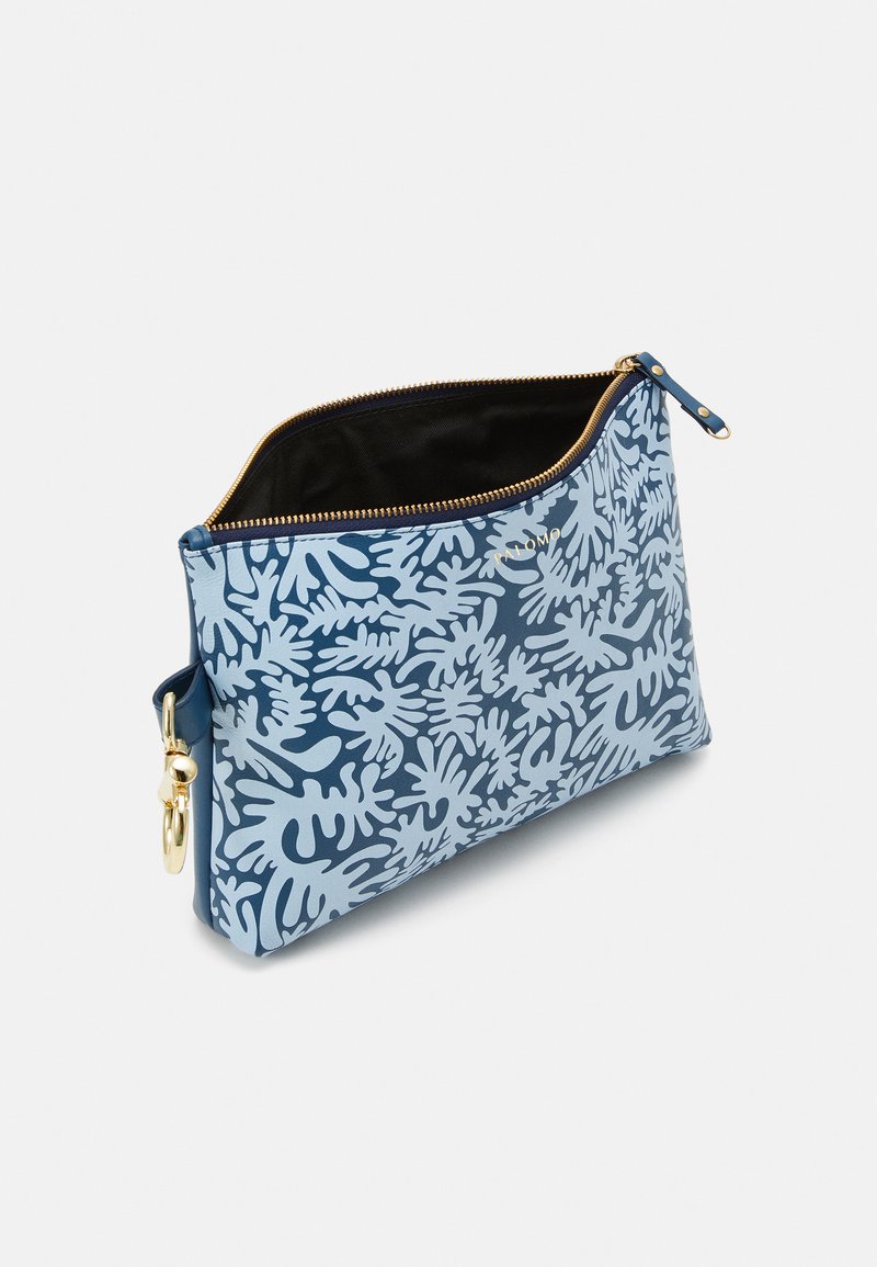 Blue and light blue floral-patterned pouch, zippered closure, gold-tone hardware, textured surface, black interior lining.