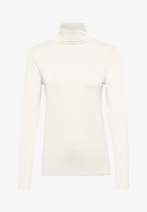 Dugi rukav turtleneck u krem boji, izrađen od mekog materijala s uskim krojem. Ima visoki ovratnik i glatku, ravnomjernu teksturu.