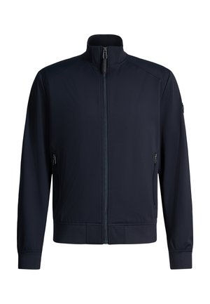 Dunkel marineblaue Jacke mit durchgehendem Reißverschluss, Stehkragen, langen Ärmeln, Reißverschlusstaschen an den Seiten und gerippten Bündchen sowie Saum.