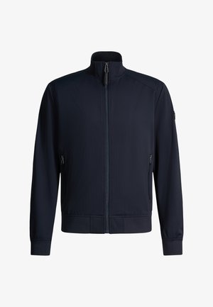 Dunkel marineblaue Jacke mit durchgehendem Reißverschluss, Stehkragen, langen Ärmeln, Reißverschlusstaschen an den Seiten und gerippten Bündchen sowie Saum.