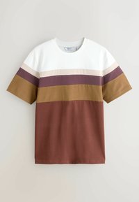 T-shirt à manches courtes et col rond avec des blocs de couleurs horizontaux en blanc, beige, mauve foncé, moutarde et marron.