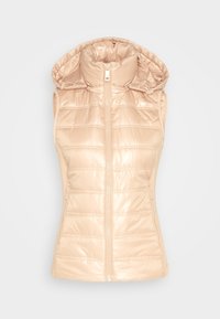 Padded sleeveless vest w kolorze jasnobeżowym, z wysokim kołnierzem i kapturem. Posiada błyszczącą teksturę oraz zamek błyskawiczny z przodu, z poziomym przeszyciem.