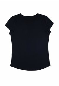 Sort kortærmet t-shirt, rund halsudskæring, blødt bomuldsstof, let buet kant, minimalistisk design, ingen mønstre eller accenter.