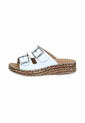White open-toe slide sandal with two adjustable buckled straps and a woven textured platform sole.